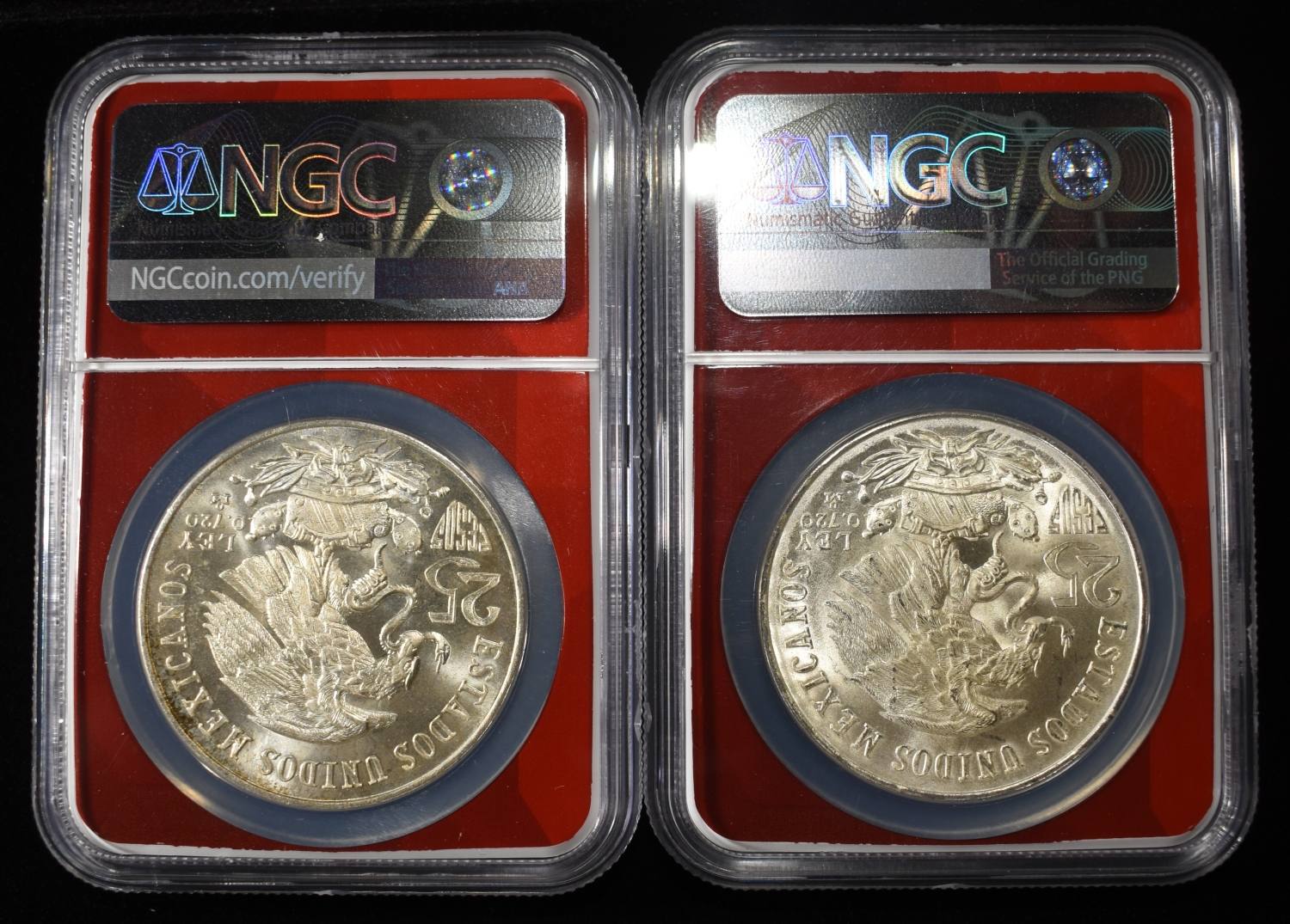 (2) 1968 25 PESOS MEXICO 72% SILVER NGC MS66