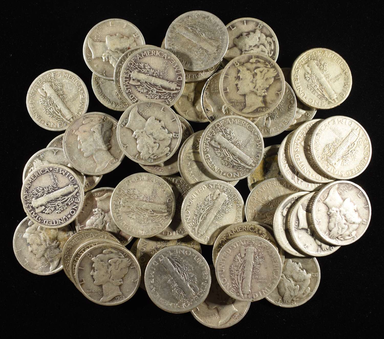 (50) MERCURY DIMES 90% SILVER