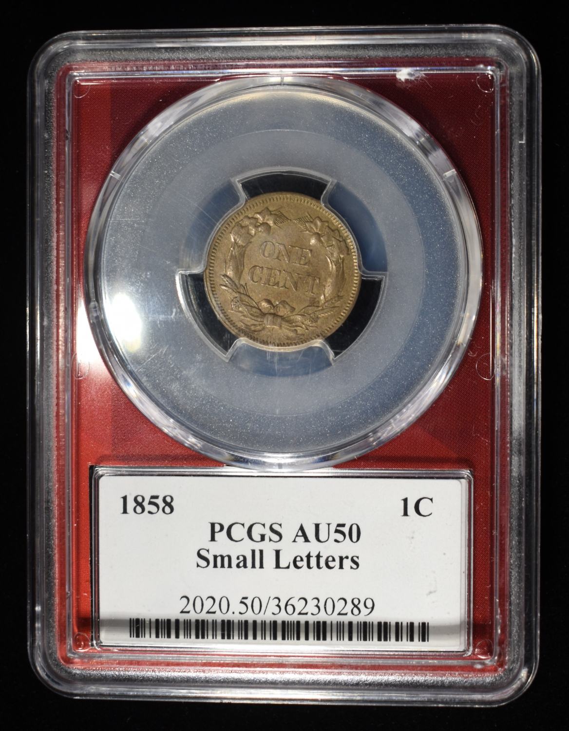 1858 SMALL LETTERS FLYING EAGLE CENT PCGS AU-50