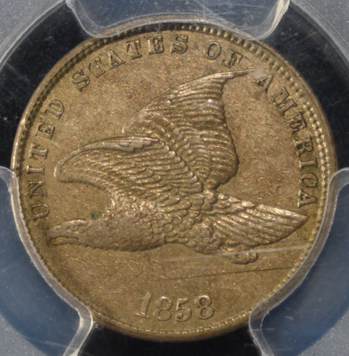 1858 SMALL LETTERS FLYING EAGLE CENT PCGS AU-50
