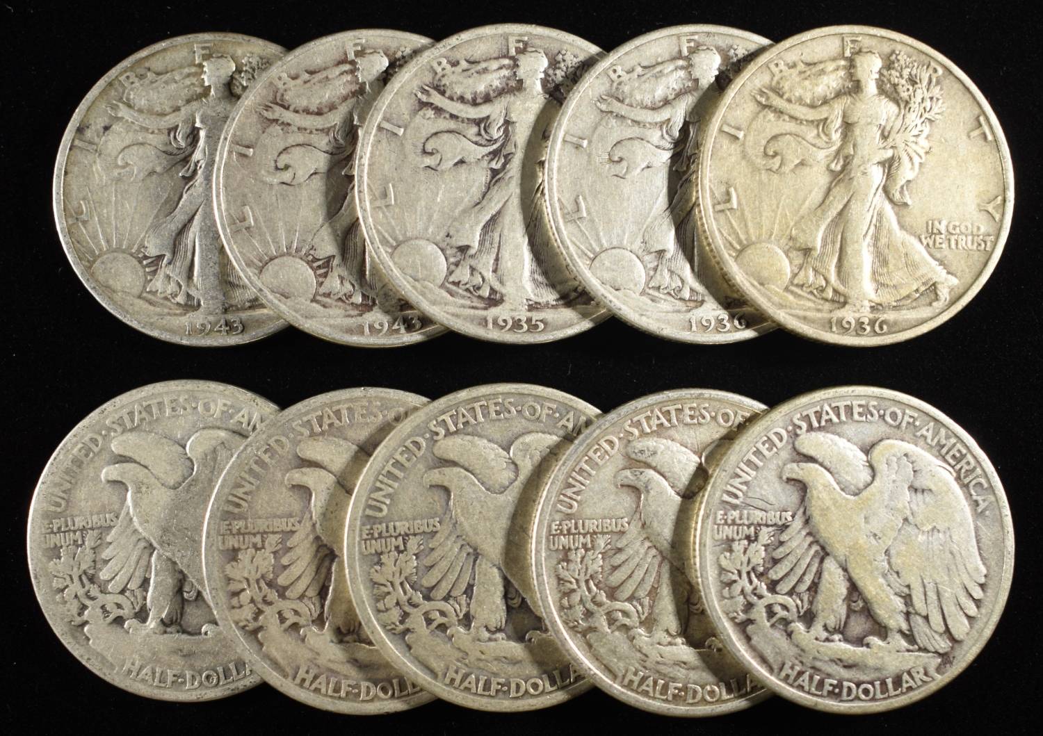 (10) WALKING LIBERTY HALF DOLLARS