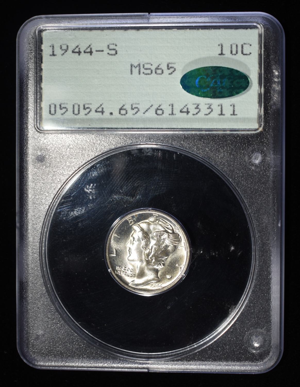 1944-S MERCURY DIME PCGS MS-65 CAC, RATTLER HOLDER