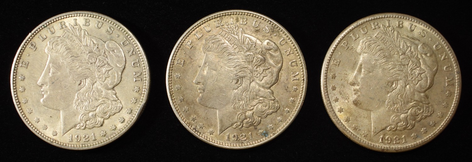 1921-P,D,S MORGAN DOLLARS AU