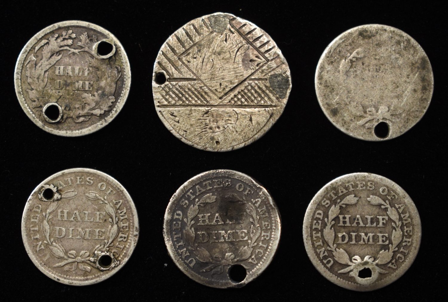 (5) SEATED LIBERTY HALF DIMES, (1) DIME DAMAGED