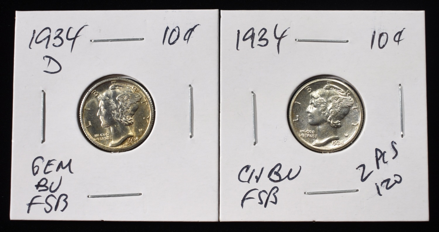 1934 CH BU FSB & 1934-D GEM BU FSB MERCURY DIMES