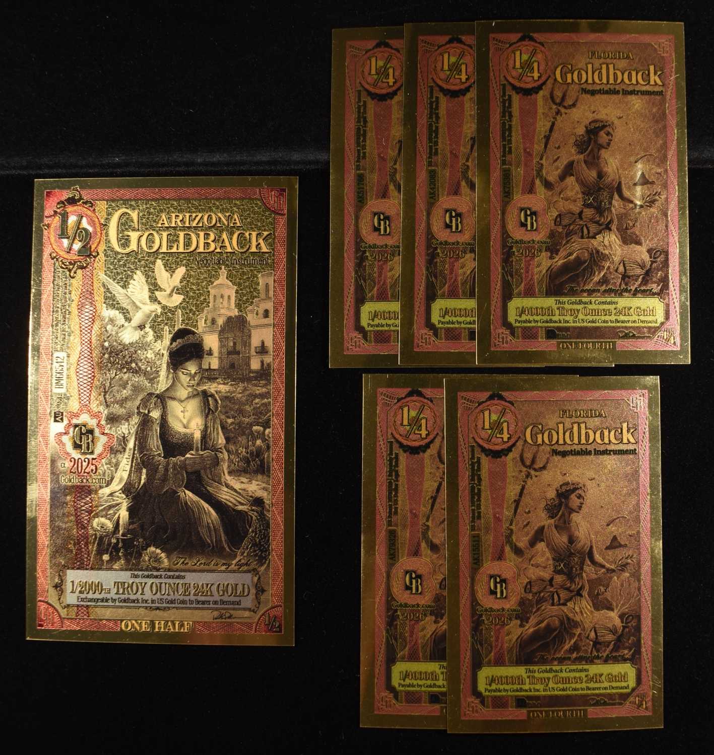 1/2000TH & (5) 1/4000TH OZ 24K GOLD GOLDBACKS