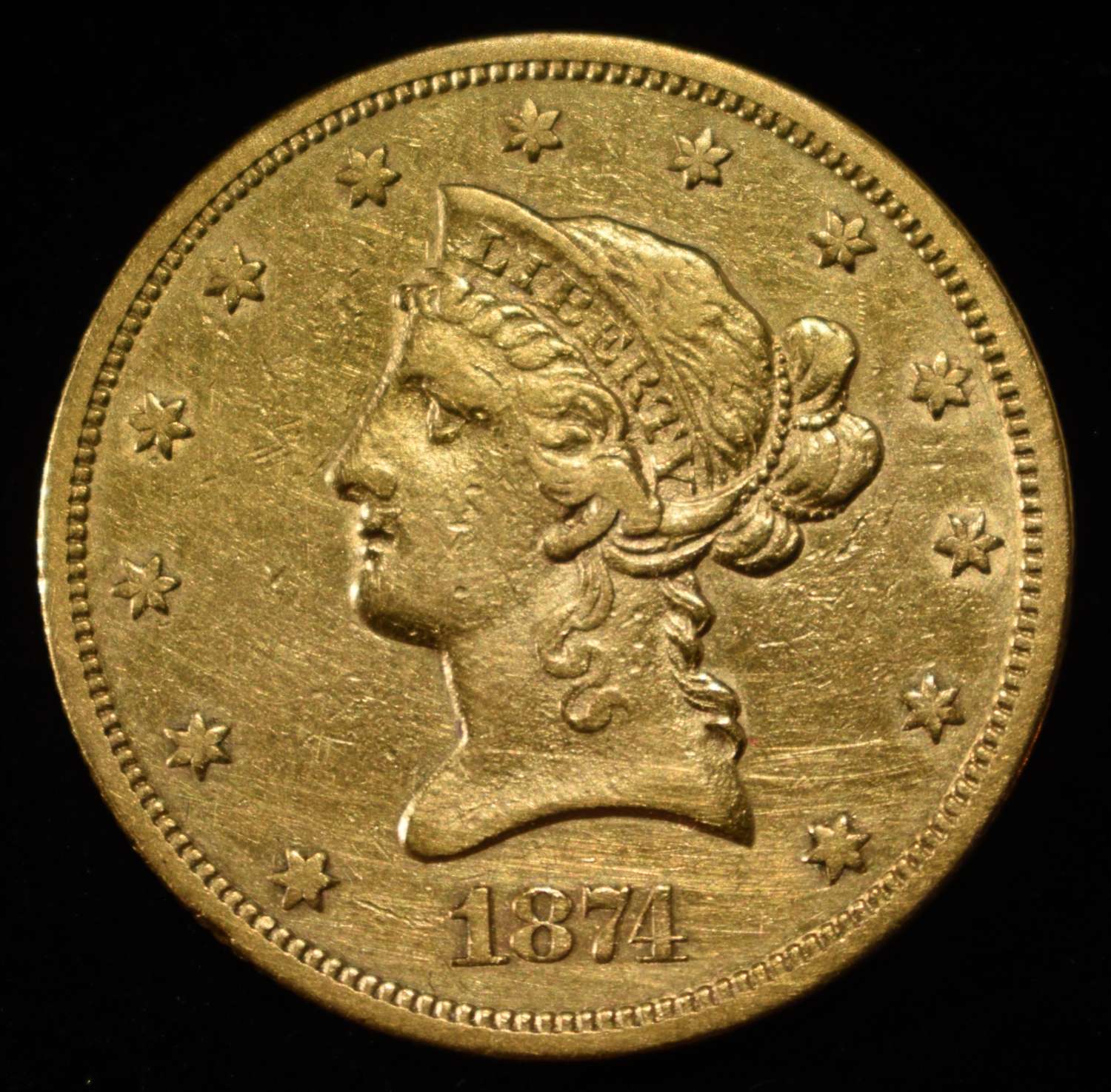 1874-S $10 LIBERTY GOLD NICE AU SCARCE "S" MINT