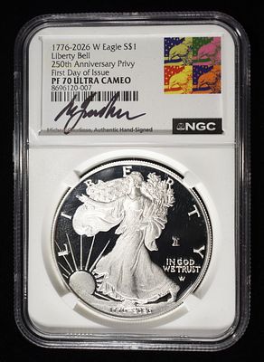 1776-2026-W ASE LIBERTY BELL NGC PF70 ULTRA CAMEO. 250TH ANNIVERSARY PRIVY, FIRST DAY OF ISSUE 