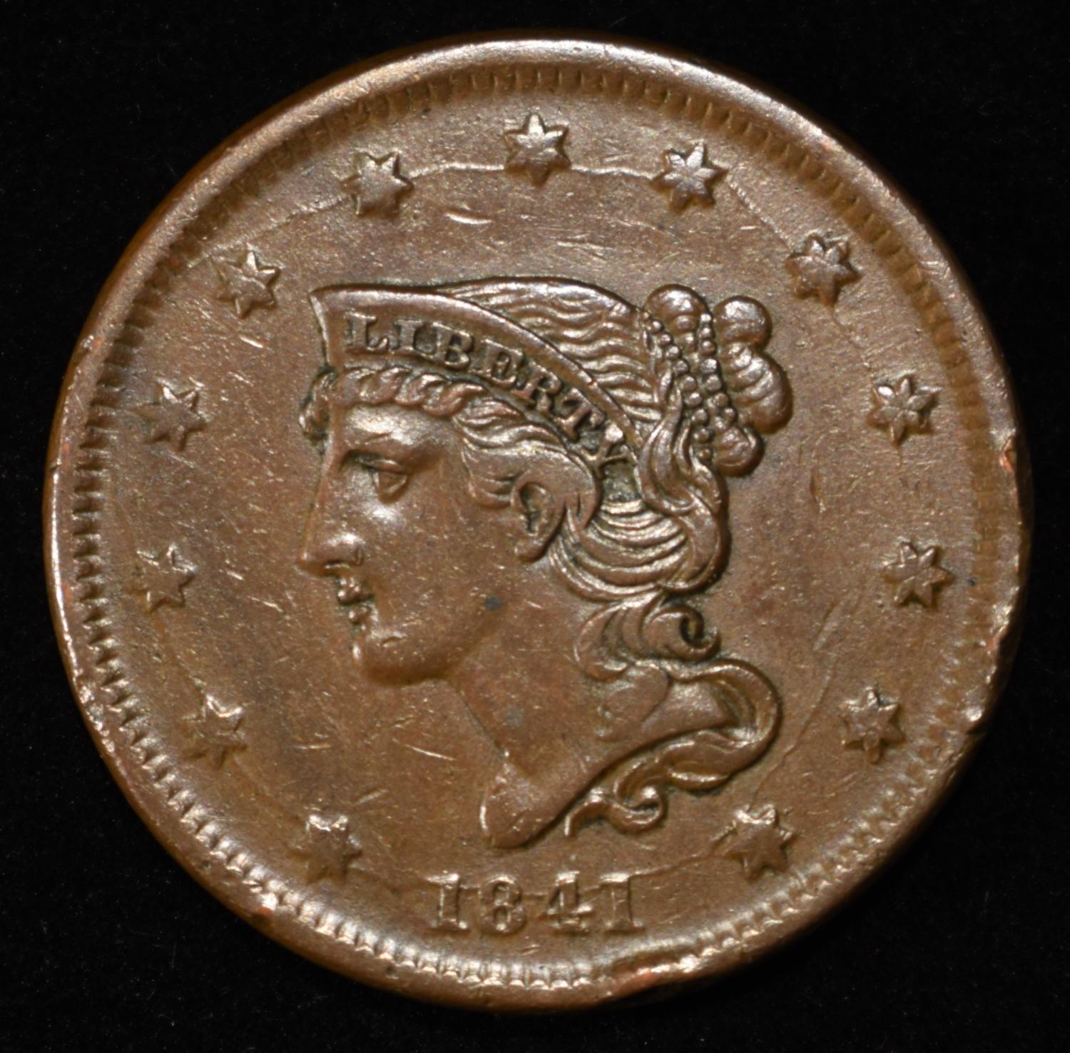1841 LARGE CENT XF/AU RIM BUMPS