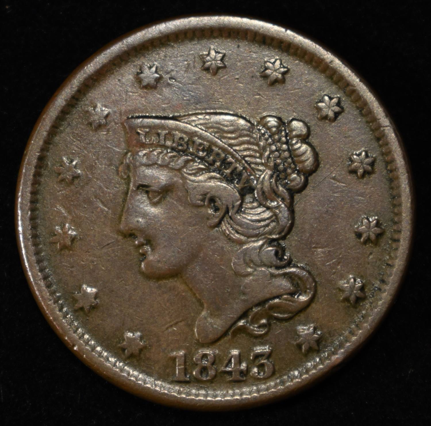 1843 LARGE CENT XF/AU PETITE HEAD, SMALL LETTERS