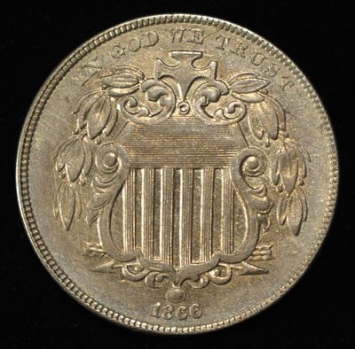 1866 SHIELD NICKEL BU. LEADERS IN ON-LINE AUCTIONS ESTIMATE $400 - $500.