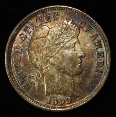 1899 BARBER DIME GEM BU COLOR. CHECK OUT OUR UPCOMING AUCTIONS ESTIMATE $400 - $500.