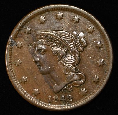 1842 BRAIDED HAIR LARGE CENT AU/BU. LEADERS IN ON-LINE AUCTIONS ESTIMATE $350 - $400.