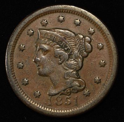 1851 BRAIDED HAIR LARGE CENT AU. WEEKLY COIN & CURRENCY AUCTIONS ESTIMATE $150 - $200.