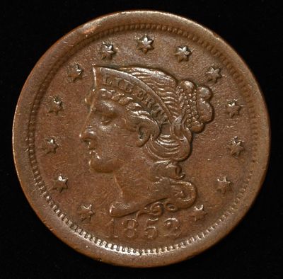 1852 BRAIDED HAIR LARGE CENT XF/AU. BID WITH SILVER CITY AUCTIONS ESTIMATE $75 - $100.
