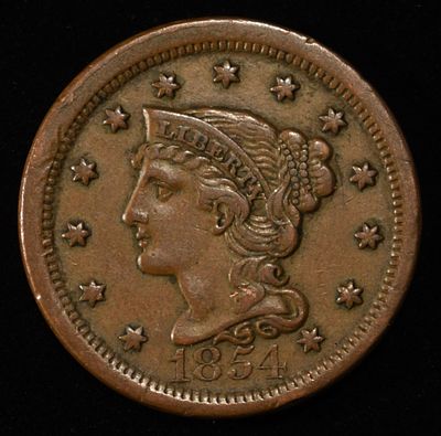 1854 BRAIDED HAIR LARGE CENT AU/BU. WEEKLY COIN & CURRENCY AUCTIONS ESTIMATE $160 - $210.