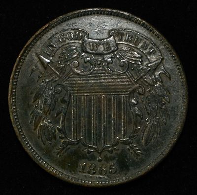1865 TWO-CENT PIECE AU. LEADERS IN ON-LINE AUCTIONS ESTIMATE $120 - $170.