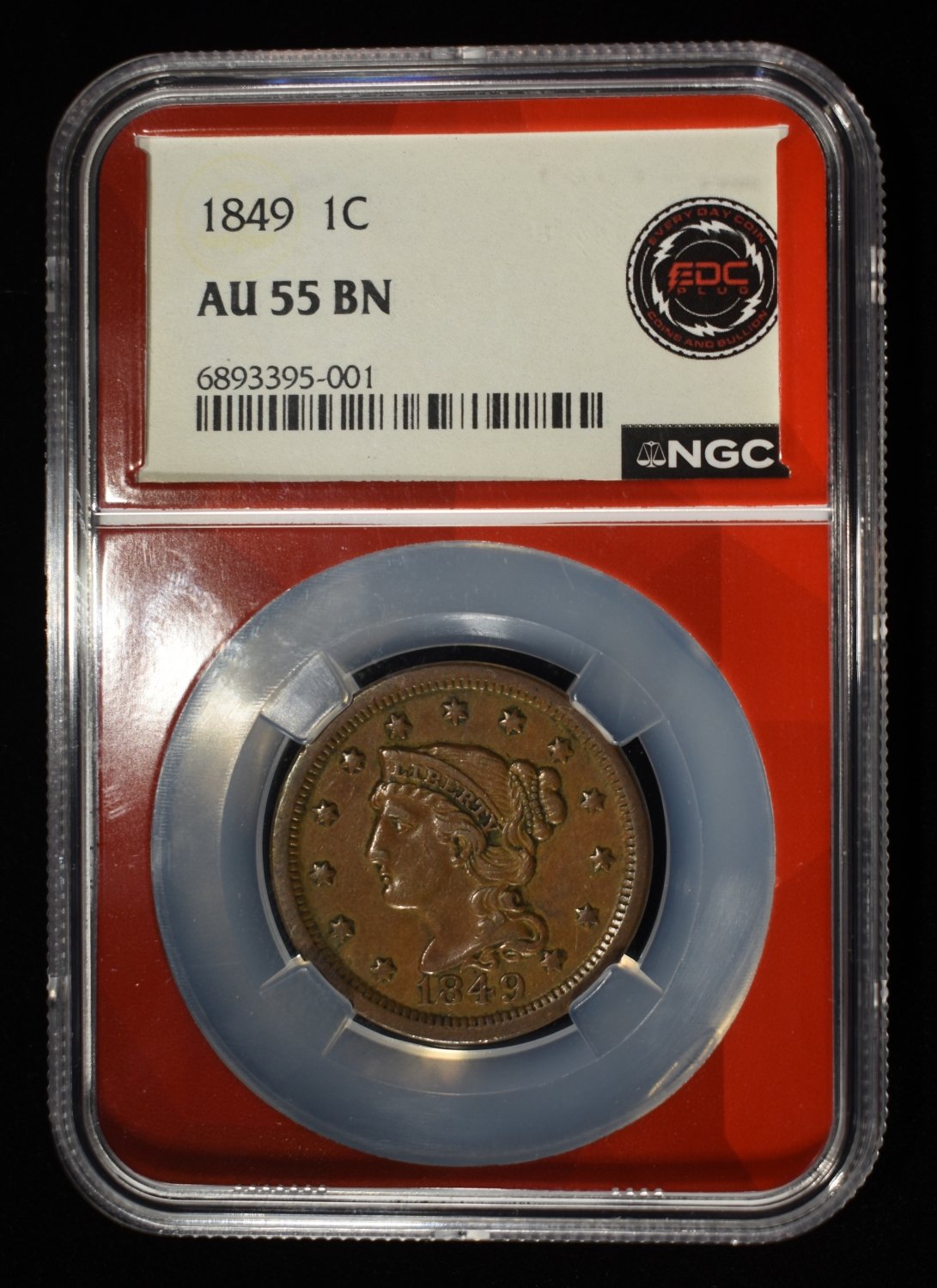 1849 BRAIDED HAIR LARGE CENT NGC AU55 BN