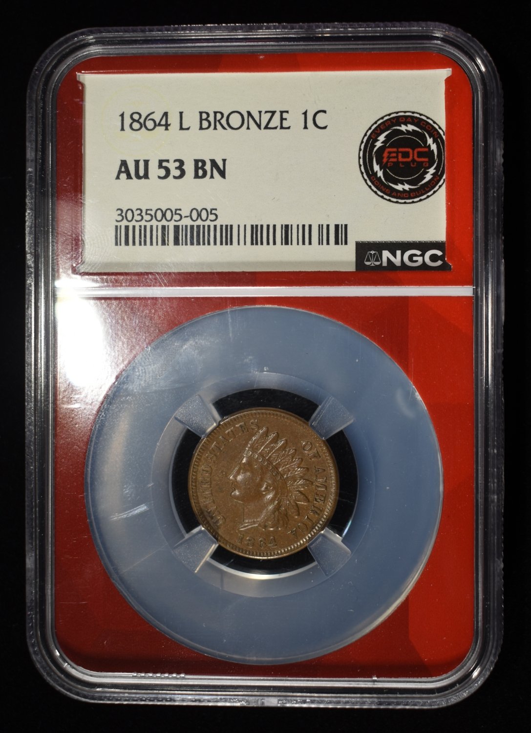 1864 L BRONZE INDIAN CENT NGC AU 53 BN