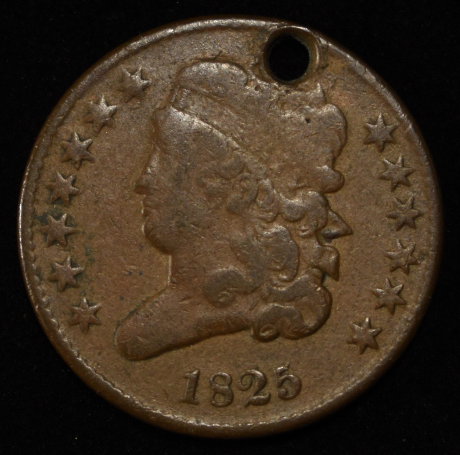 1825 CORONET HEAD LARGE CENT W/HOLE