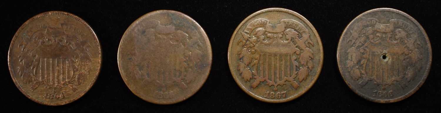 (4) 2-CENT PIECES DAMAGED, 1864-1867