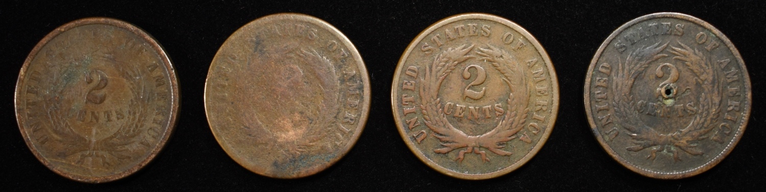 (4) 2-CENT PIECES DAMAGED, 1864-1867