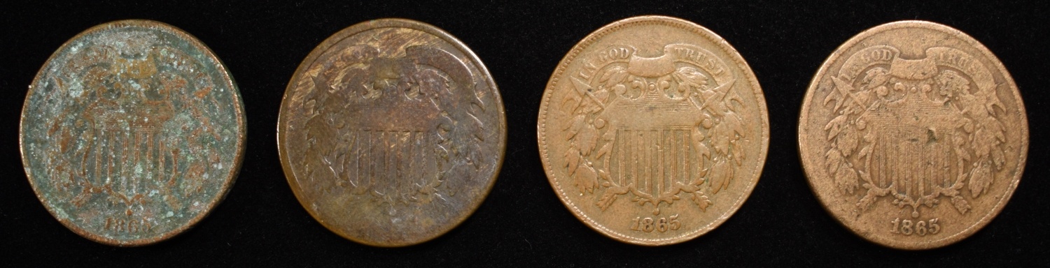 (3) 1865, (1) NO DATE 2-CENT PIECES AG/G