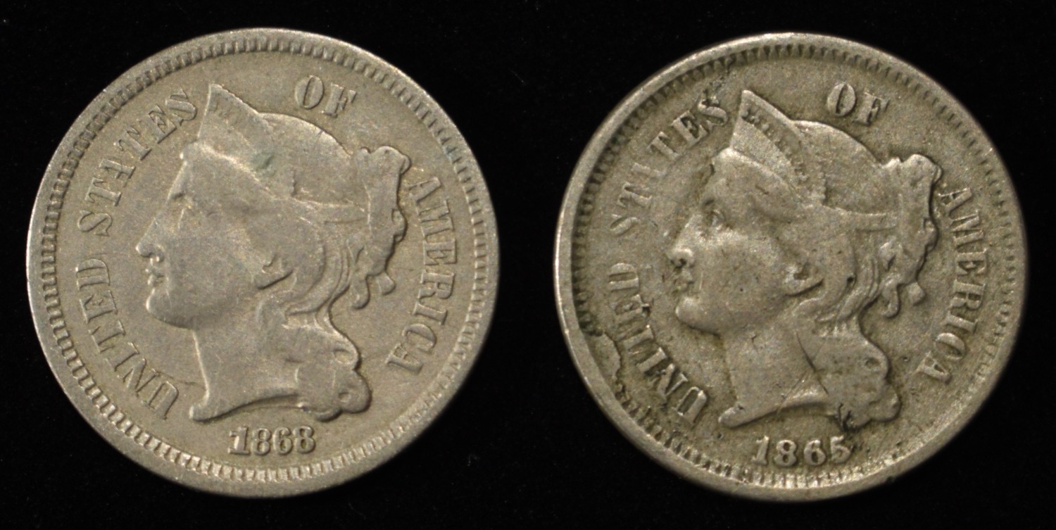 1865 & 1868 3-CENT NICKELS VF