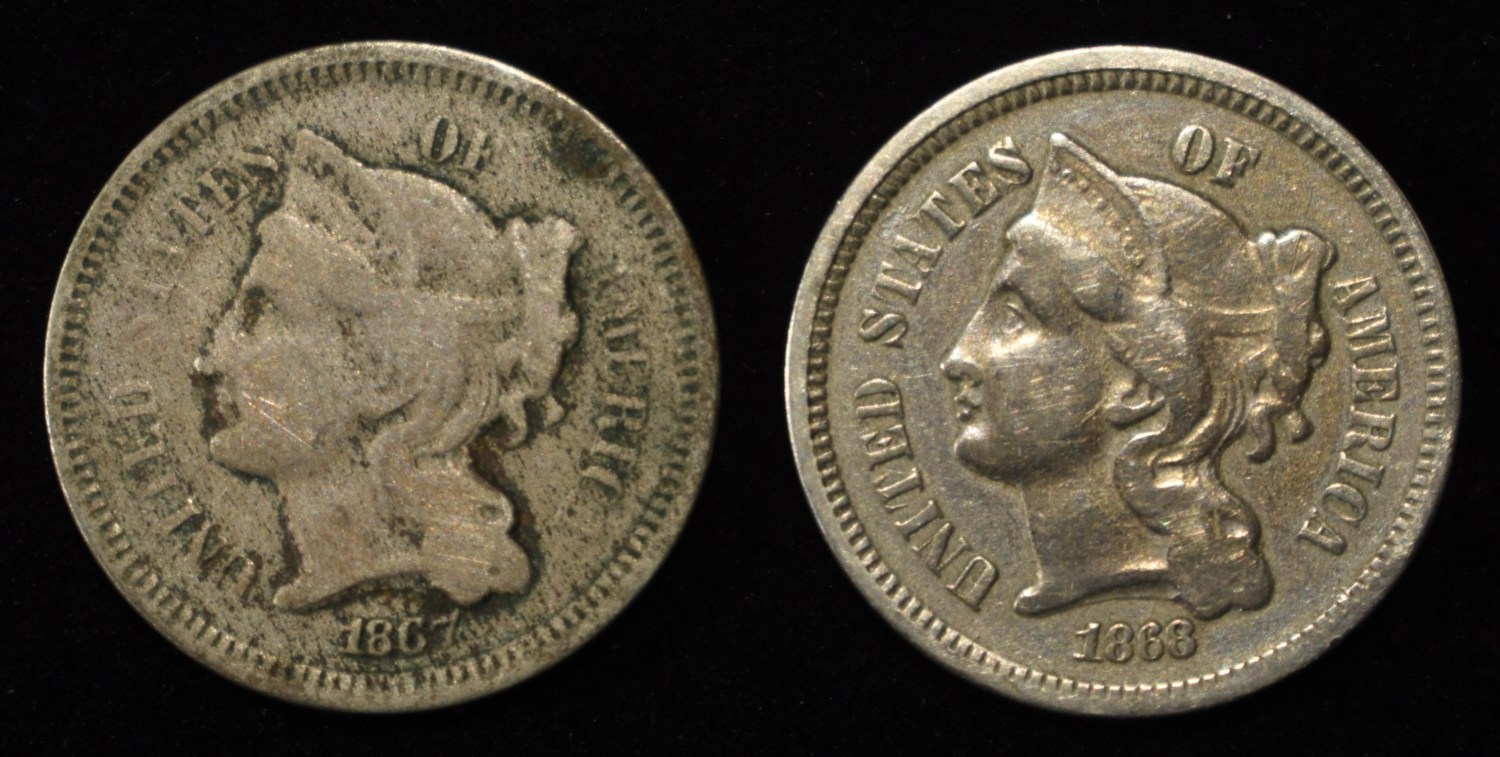 1867 & 1868 3-CENT NICKELS VG/F