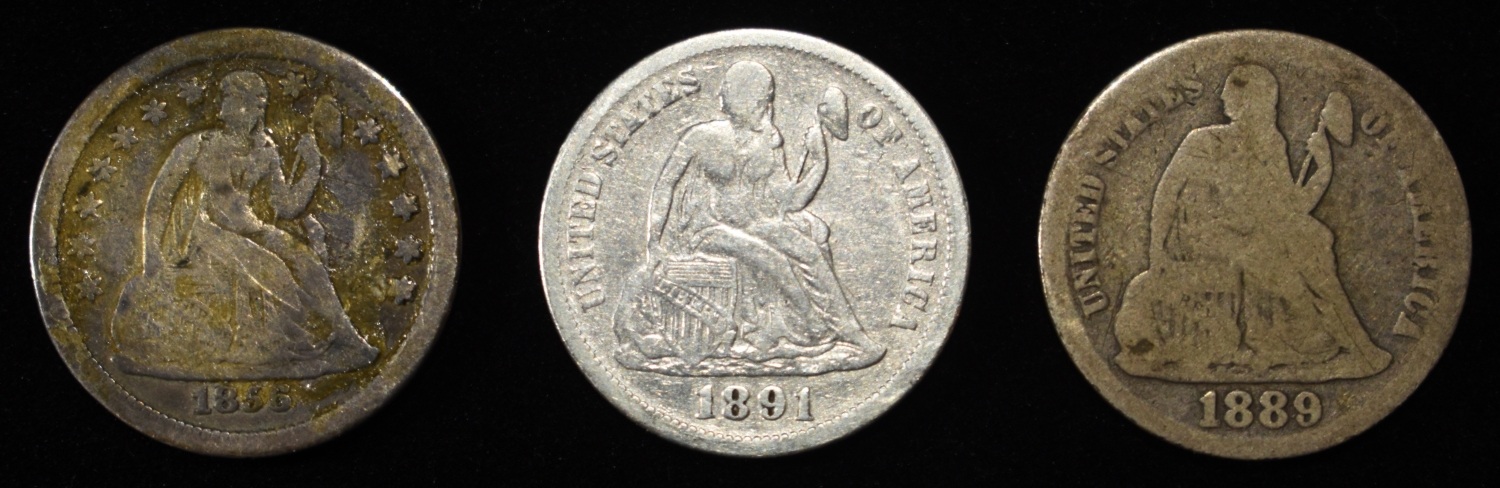 1856, 1889 & 1891 LIBERTY SEATED DIMES AG-F