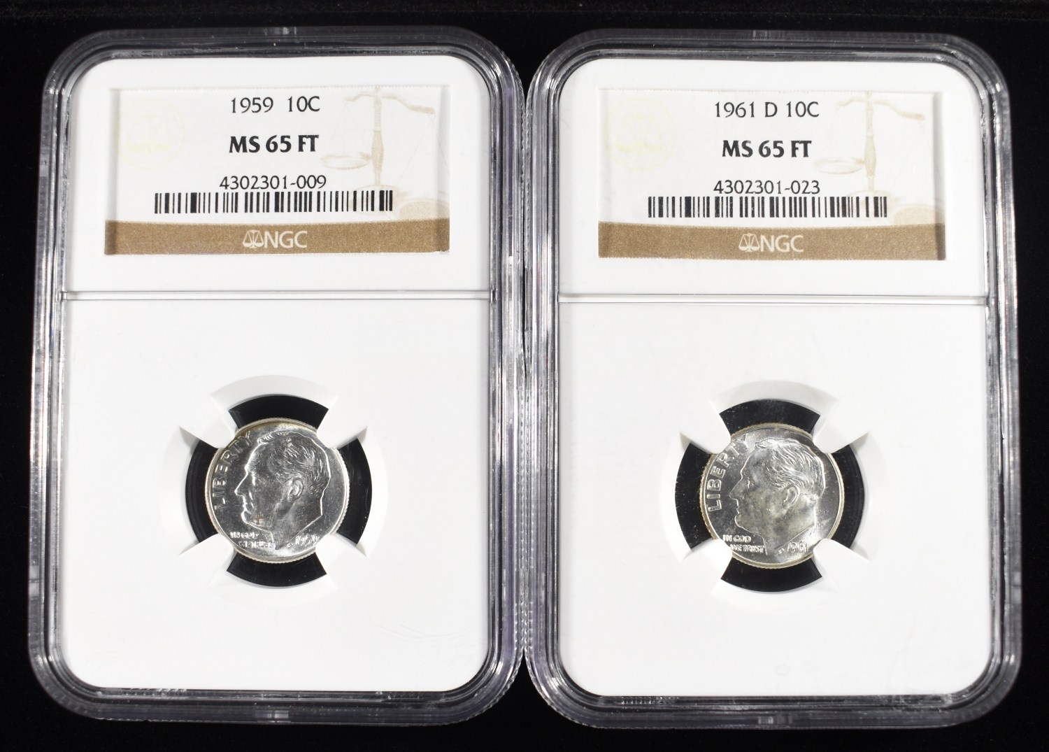 1959 & 1961-D ROOSEVELT DIMES NGC MS65 FT