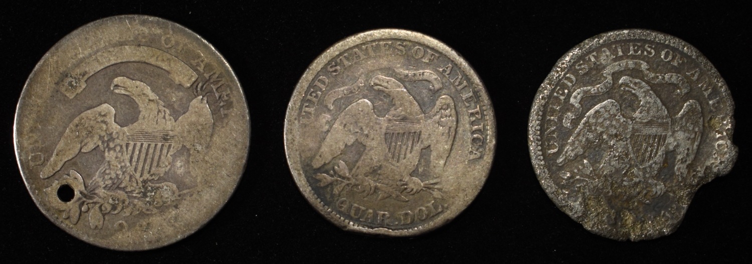 (1) CAPPED BUST & (2) LIBERTY SEATED QUARTERS