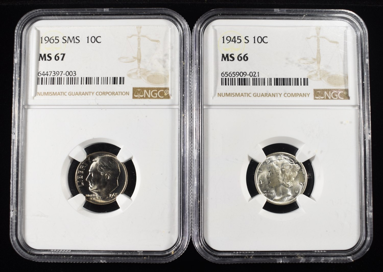 (2) GRADED DIMES NGC MS66-67