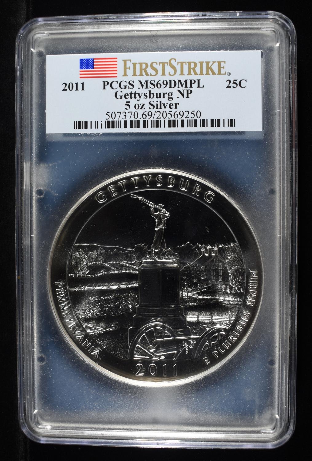 2011 GETTYSBURG 5 OZ SILVER PCGS MS69DMPL
