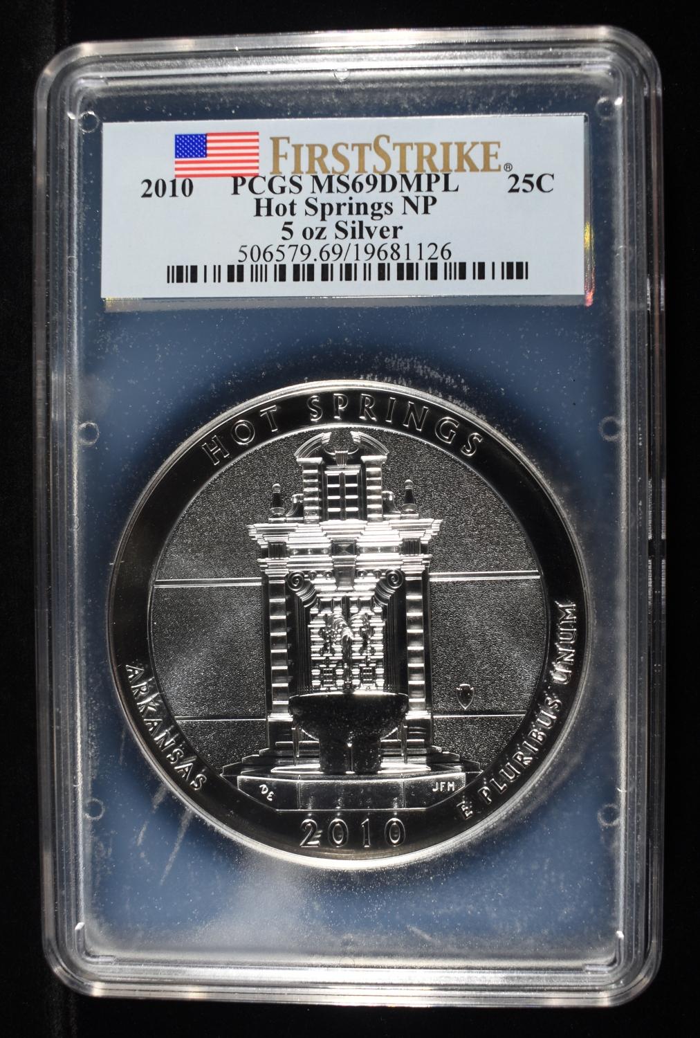 2010 HOT SPRINGS 5 OZ SILVER PCGS MS69DMPL