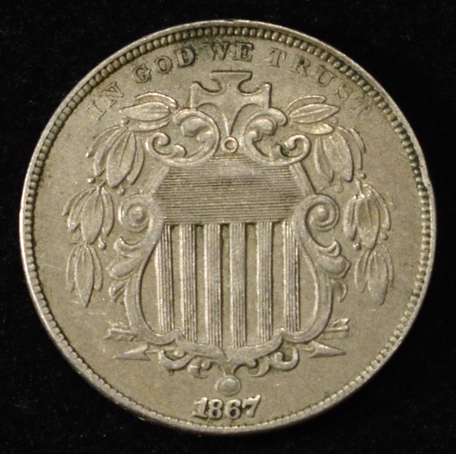 1867 RAYS SHIELD NICKEL XF