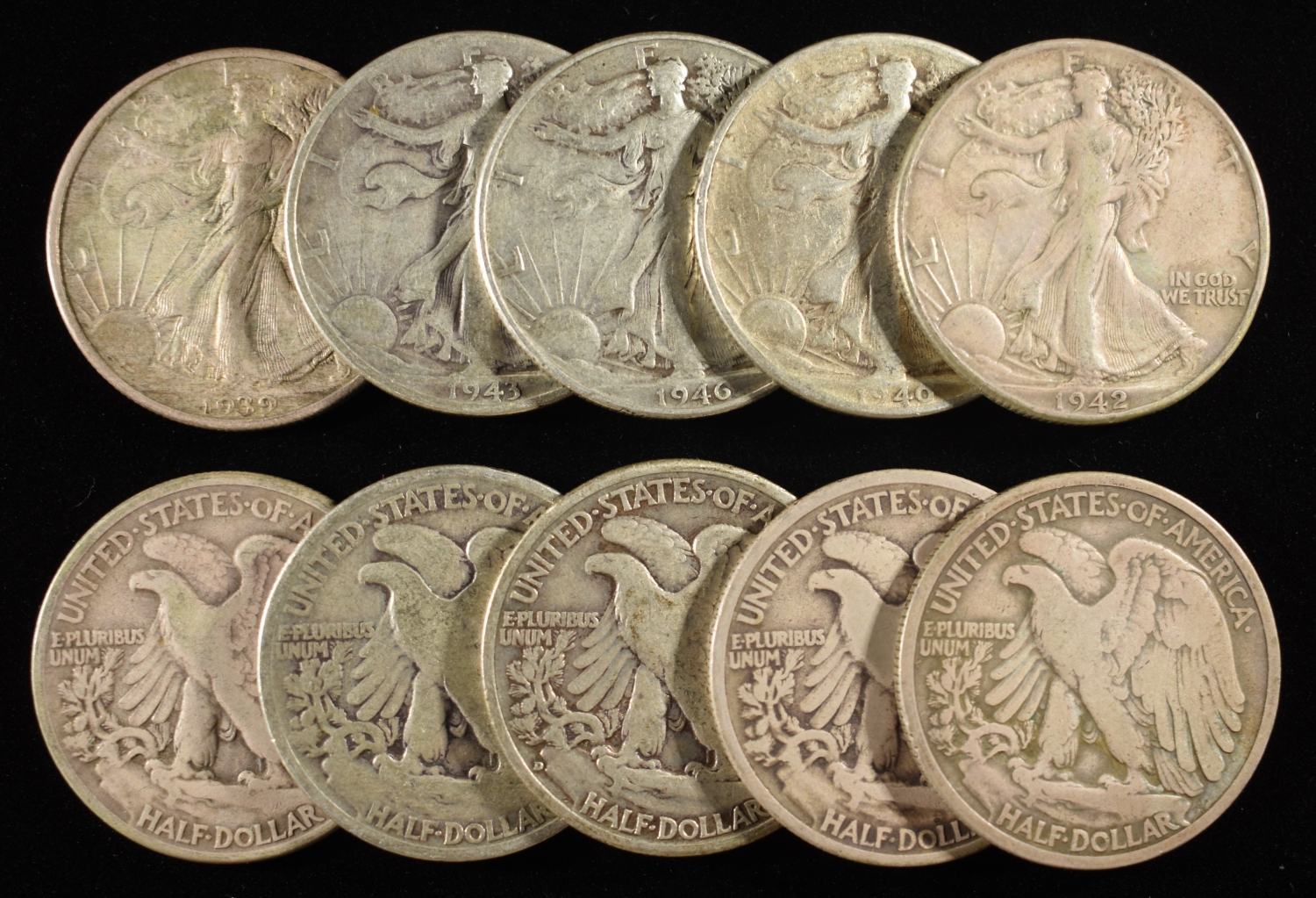 (10) WALKING LIBERTY HALF DOLLARS