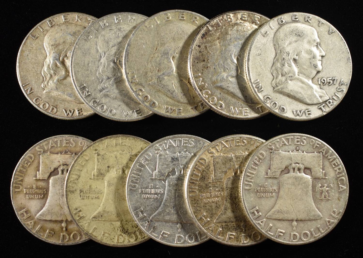 (10) 90% SILVER FRANKLIN HALF DOLLARS
