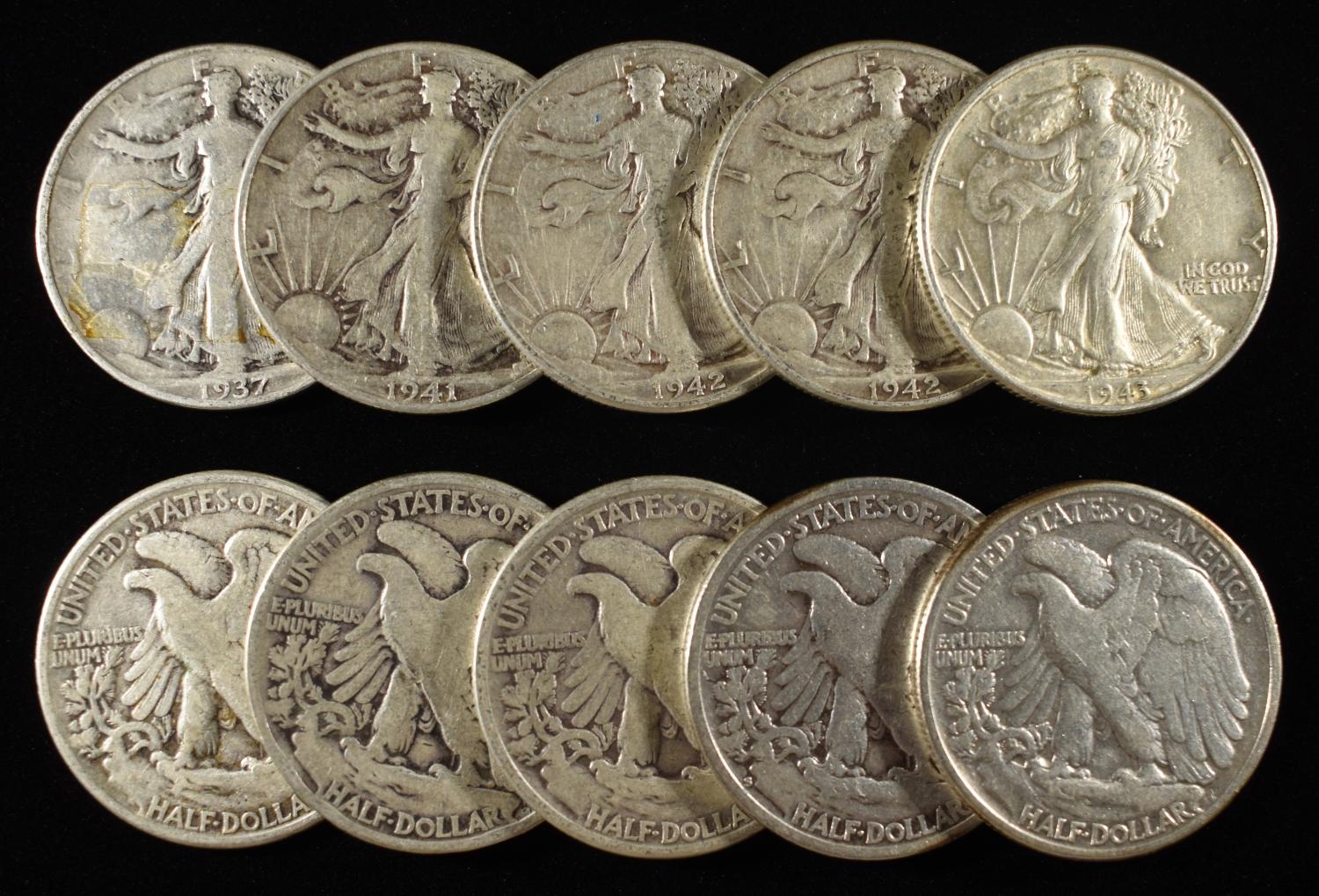 (10) WALKING LIBERTY HALF DOLLARS