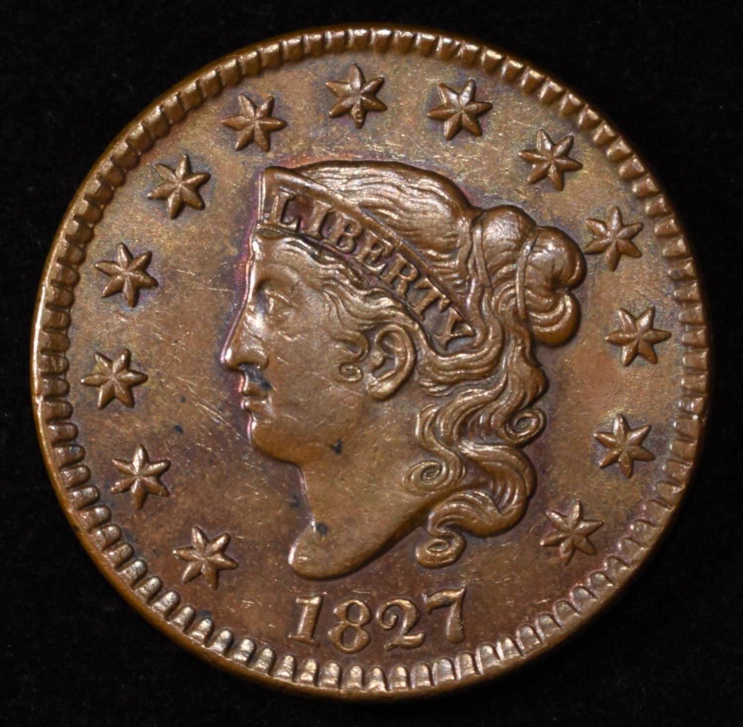 1827 CORONET LARGE CENT LOVELY AU/UNC
