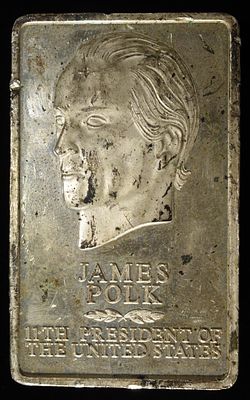 JAMES POLK 5000 GRAINS 92.5% SILVER BAR. BID WITH SILVER CITY AUCTIONS ESTIMATE $800 - $900.