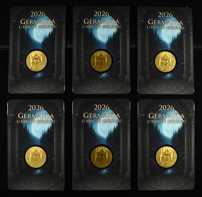 (6) 2026 GERMANIA 1/1000 OZ GOLD BU. WEEKLY COIN & CURRENCY AUCTIONS ESTIMATE $90 - $130.