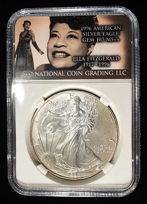 1996 AMERICAN SILVER EAGLE NCG GEM BU. ELLA FITZGERALD 1917-1996 BID WITH SILVER CITY AUCTIONS 