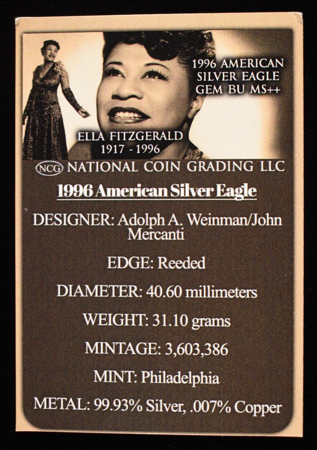 1996 AMERICAN SILVER EAGLE NCG GEM BU