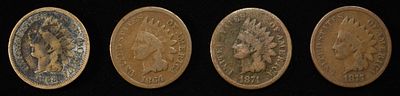 1963, 64, 74 & 75 INDIAN HEAD CENTS. TOP RATED AUCTION HOUSE ESTIMATE $90 - $130.