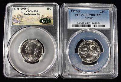 (2) GRADED WASHINGTON QUARTERS. 1976-S SILVER WASHINGTON QUARTER PCGS PR69 DCAM & 1776-2026-D 