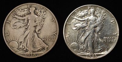 1938 & 1943 WALKING LIBERTY 50C F/VF. WEEKLY COIN & CURRENCY AUCTIONS ESTIMATE $100 - $150.