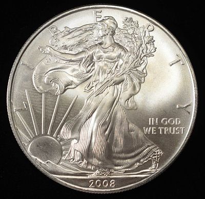 2008 AMERICAN SILVER EAGLE. LEADERS IN ON-LINE AUCTIONS ESTIMATE $100 - $150.