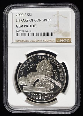 2000-P $1 COMMEM LIBRARY OF CONGRESS NGC GEM PROOF. LEADERS IN ON-LINE AUCTIONS ESTIMATE $75 - $100.
