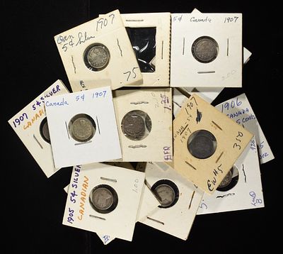 (15) 92.5% SILVER CANADIAN 5 CENTS. BID WITH SILVER CITY AUCTIONS ESTIMATE $100 - $150.